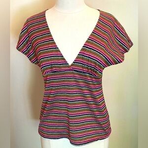 Trina Turk Pink Green Zigzag Pattern Deep V-Neck Cap Sleeve Casual Cotton Top L